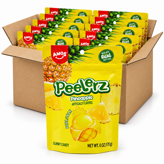Amos Peelerz Pineapple 6oz gummy candy bags in an open case on a white background