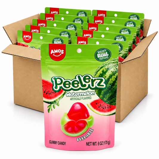 Amos Peelerz Watermelon 6oz gummy candy bags in an open case on a white background